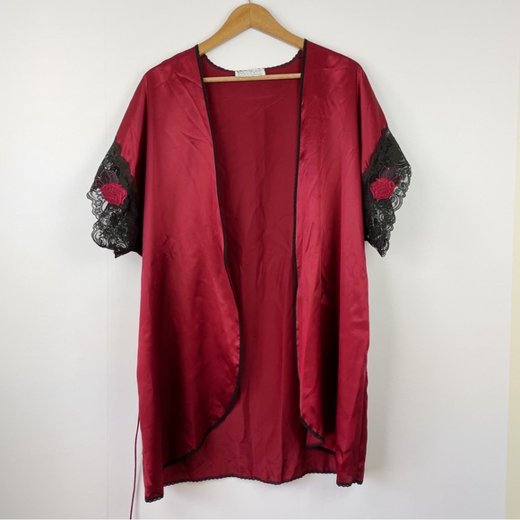 Vintage 90s Dark Red Maroon Silky Lace Trimmed Lingerie Robe - Picture 2 of 7